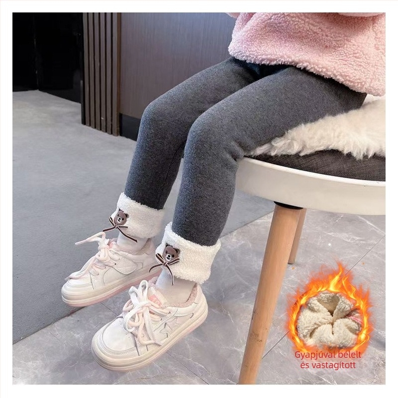 Gyerekeknek készült fleece-betétes őszi-téli leggings, meleg és sokoldalú, maci mintával