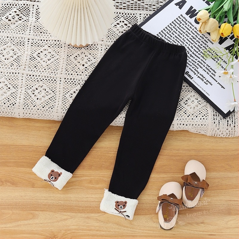 Gyerekeknek készült fleece-betétes őszi-téli leggings, meleg és sokoldalú, maci mintával