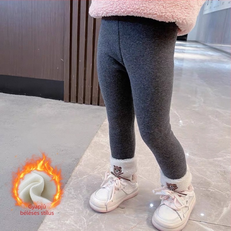 Gyerekeknek készült fleece-betétes őszi-téli leggings, meleg és sokoldalú, maci mintával