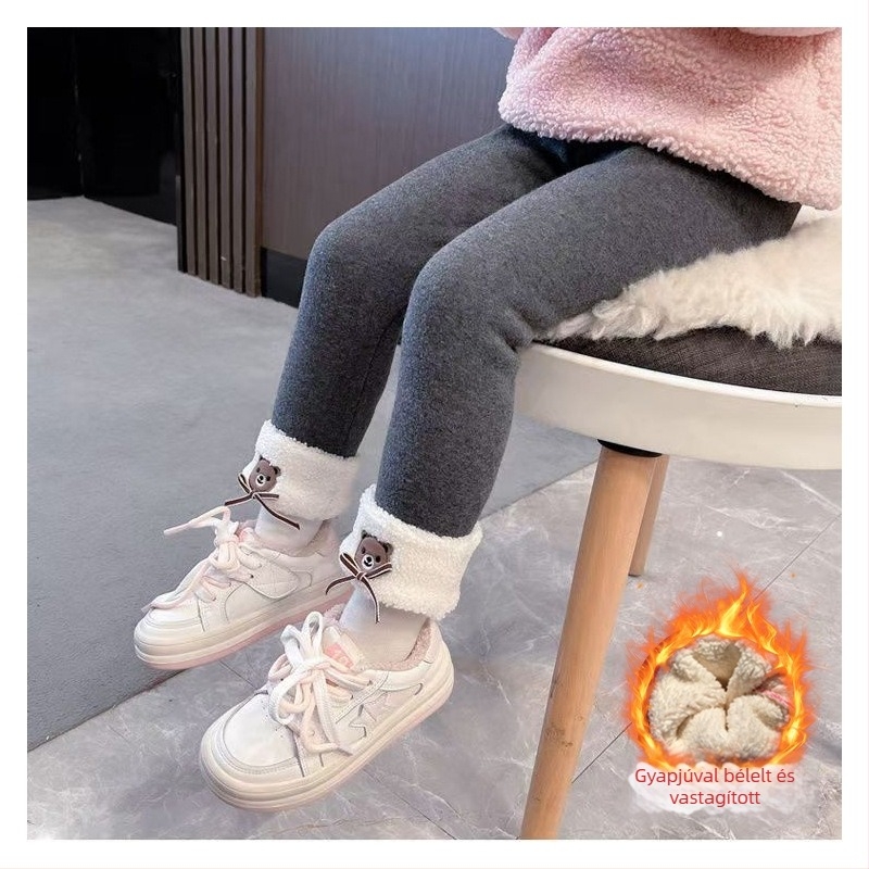 Gyerekeknek készült fleece-betétes őszi-téli leggings, meleg és sokoldalú, maci mintával