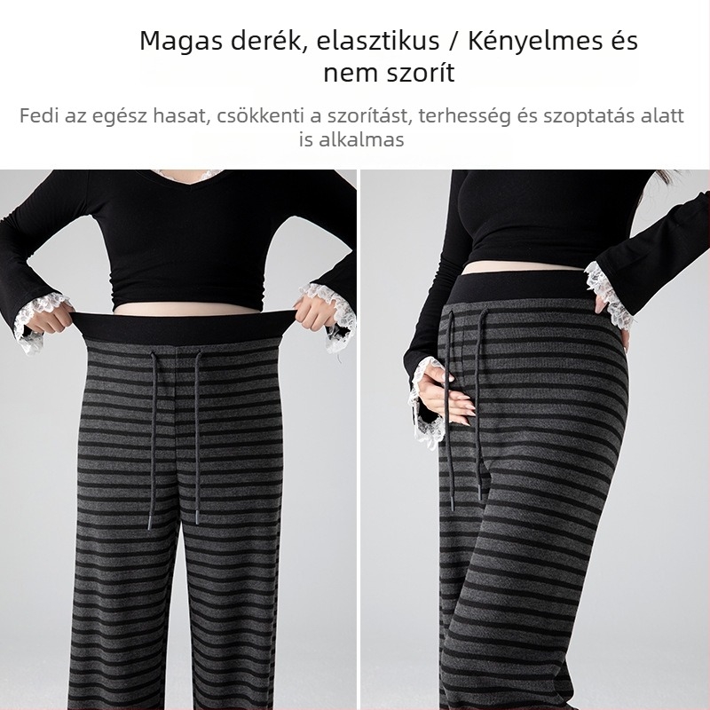 Kismama széles lábú nadrág csíkos, vastag polár béléssel, has támogatás funkcióval, tavasz–ősz 2025