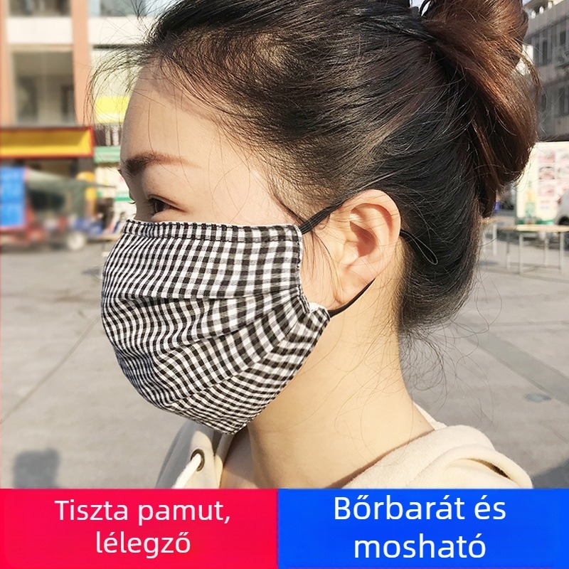 Pamutból készült, kétszintű, kockás mintázatú arcmaszk napvédelmi és porvédelmi funkcióval