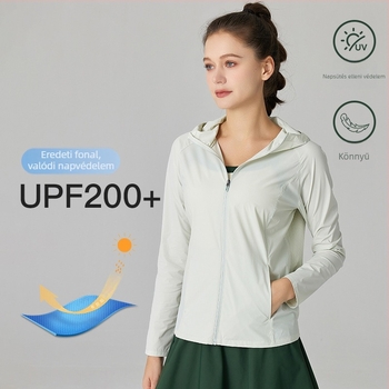 Női kültéri kapucnis széldzseki UV 50+ védelem, lélegző szövött anyag, csíkos