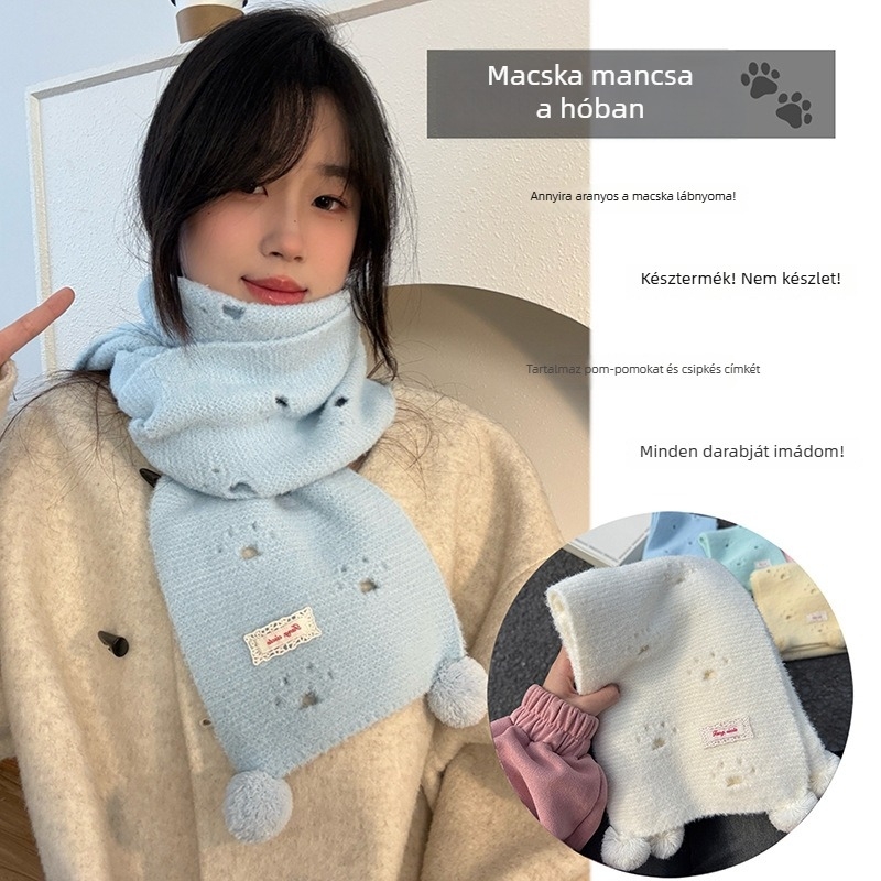 Macska tappancsos sál lógó golyóval — poliészter, warp knitting technikával készített, melegen tart télen