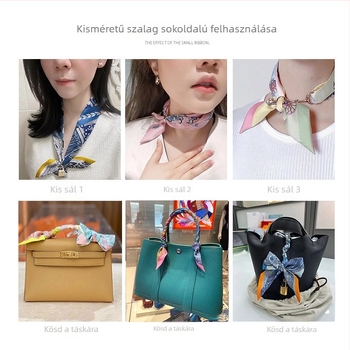 Kis poliészter sál, twill szövésű, keskeny pánttal átölelt fogantyú, nyomtatott motívum nyereg