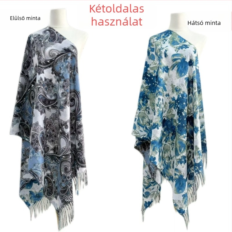 Női sál imitált kasmírból, kétoldalas virágmintás, warp-knit szövésű, őszi viselet