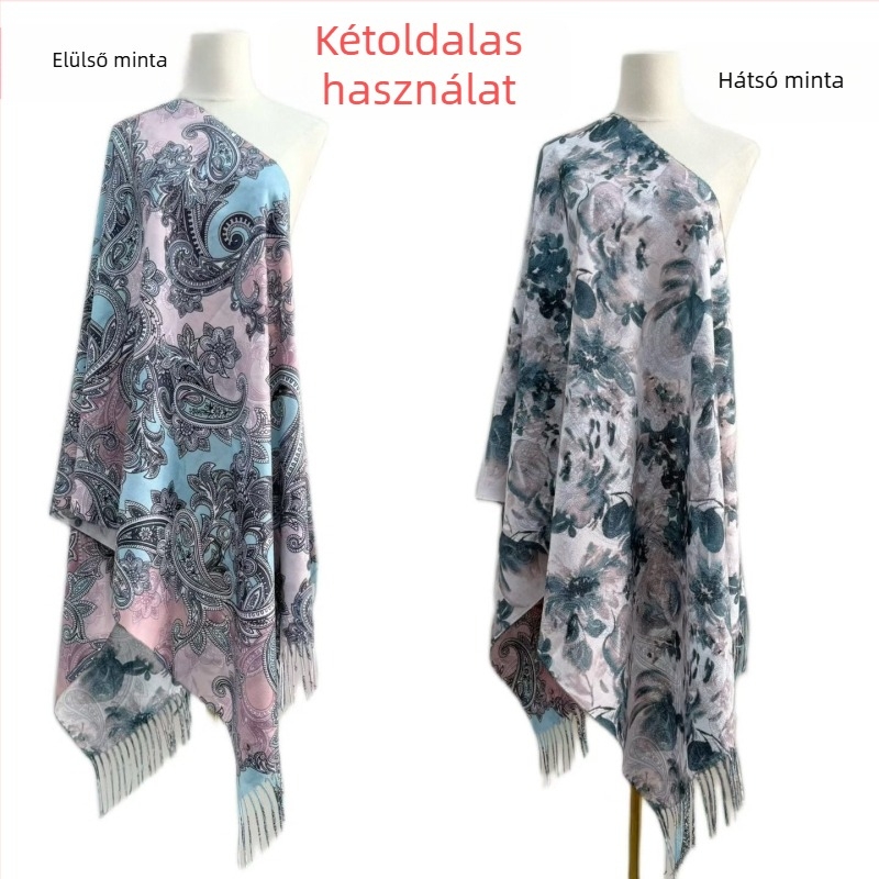 Női sál imitált kasmírból, kétoldalas virágmintás, warp-knit szövésű, őszi viselet
