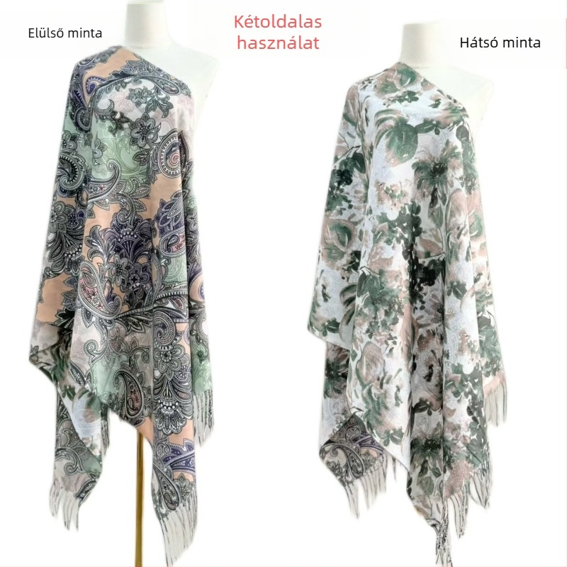 Női sál imitált kasmírból, kétoldalas virágmintás, warp-knit szövésű, őszi viselet
