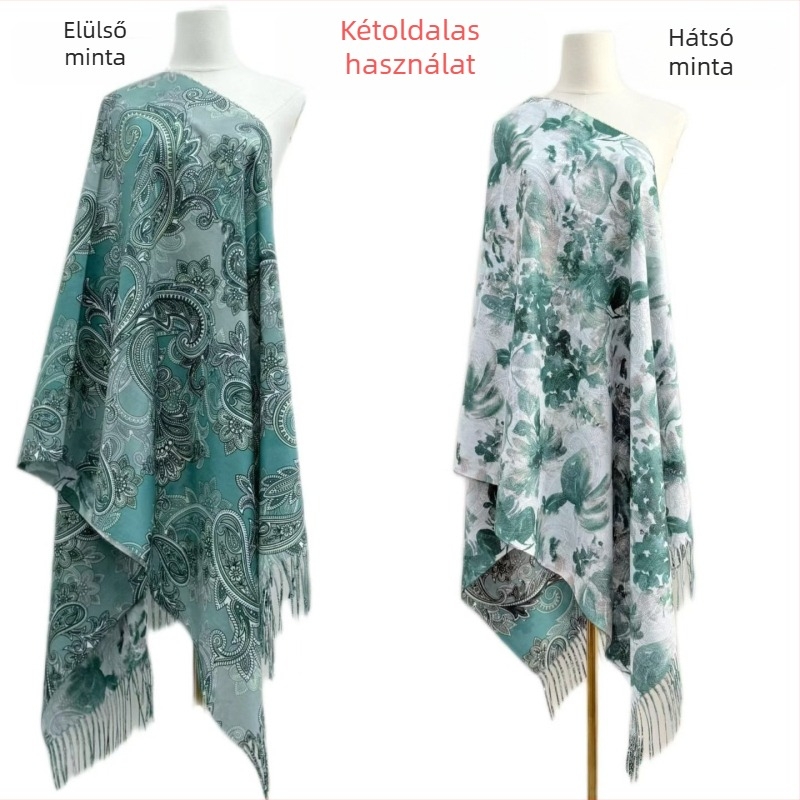 Női sál imitált kasmírból, kétoldalas virágmintás, warp-knit szövésű, őszi viselet