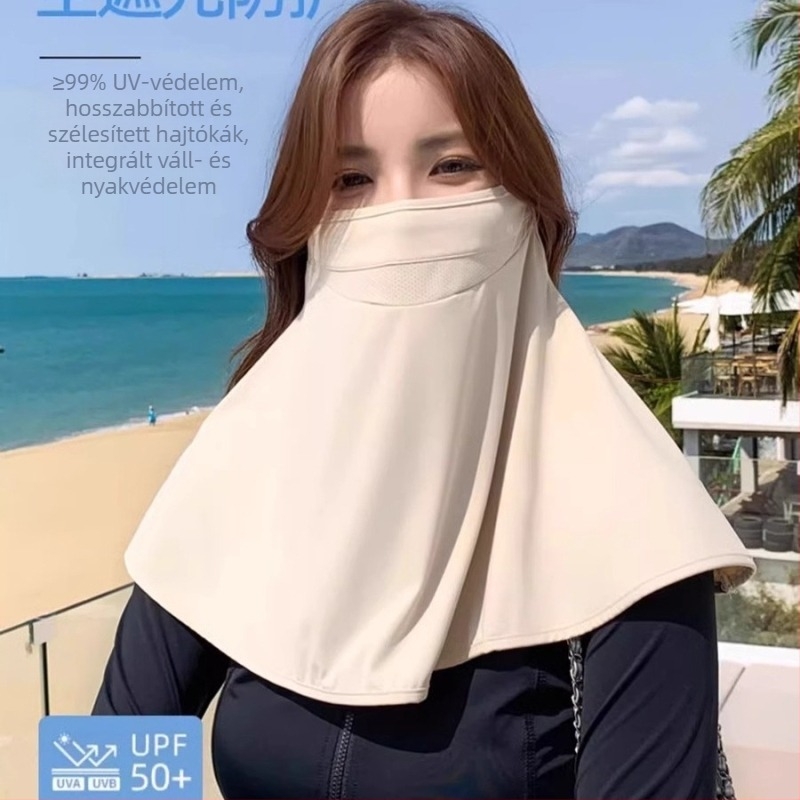 Napvédő arcfedő a teljes arc és nyak védelmére, légáteresztő háló, fülre rögzítés, UV-védelem, nyári hűsítő ice silk anyag