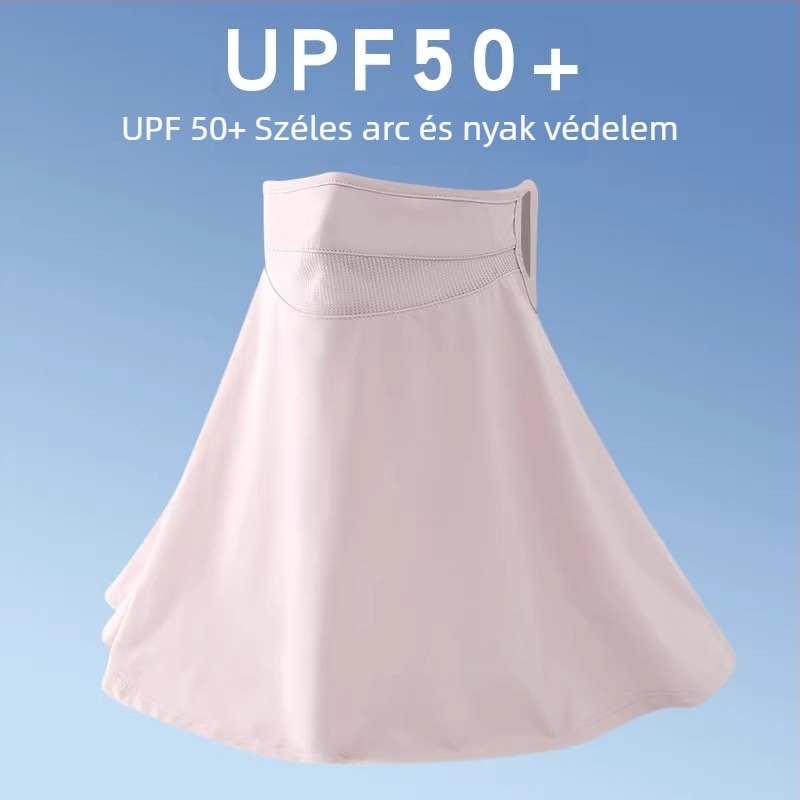 Napvédő arcfedő a teljes arc és nyak védelmére, légáteresztő háló, fülre rögzítés, UV-védelem, nyári hűsítő ice silk anyag