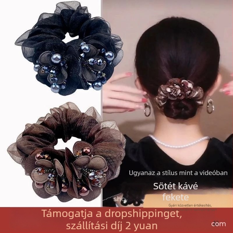 Hajgumi virággal, dupla organza-háló, kézzel készített, retro stílus, nagy rugalmasság