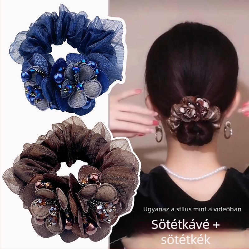Hajgumi virággal, dupla organza-háló, kézzel készített, retro stílus, nagy rugalmasság