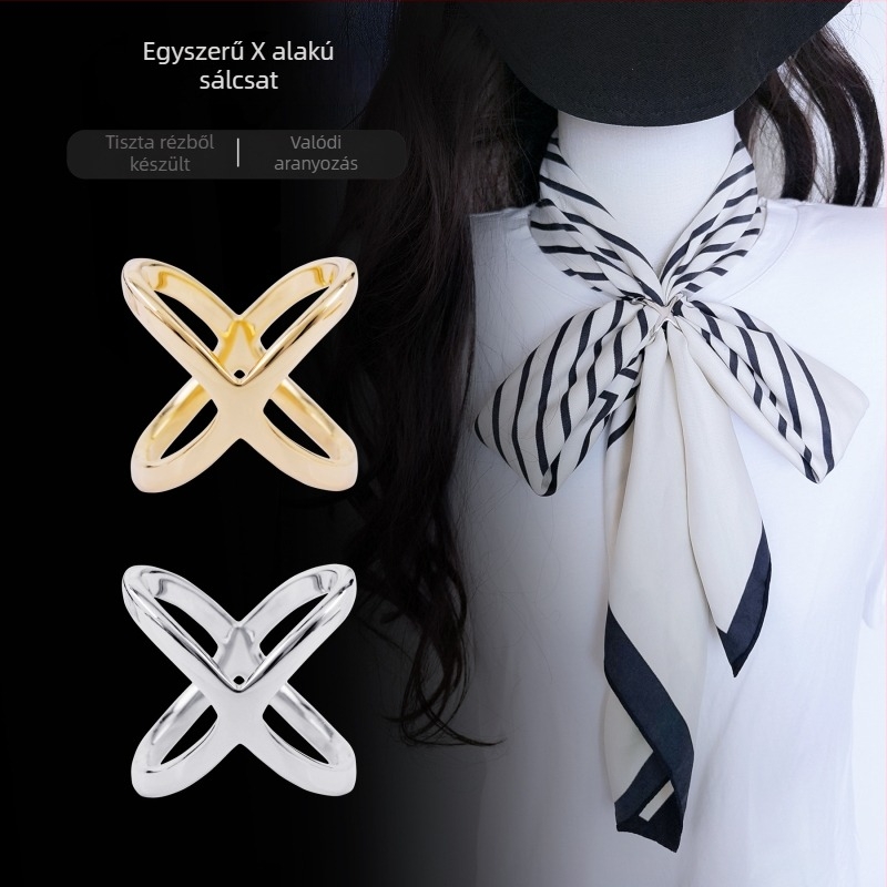 Réz X-formájú sálkapocs nőknek aranyozott felülettel és arany beépítésekkel