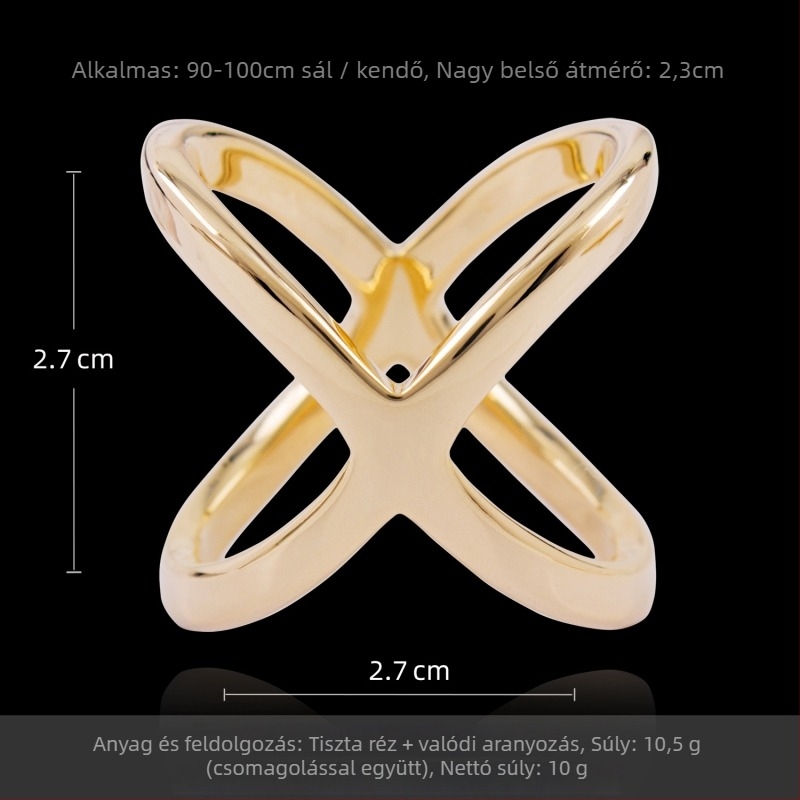Réz X-formájú sálkapocs nőknek aranyozott felülettel és arany beépítésekkel