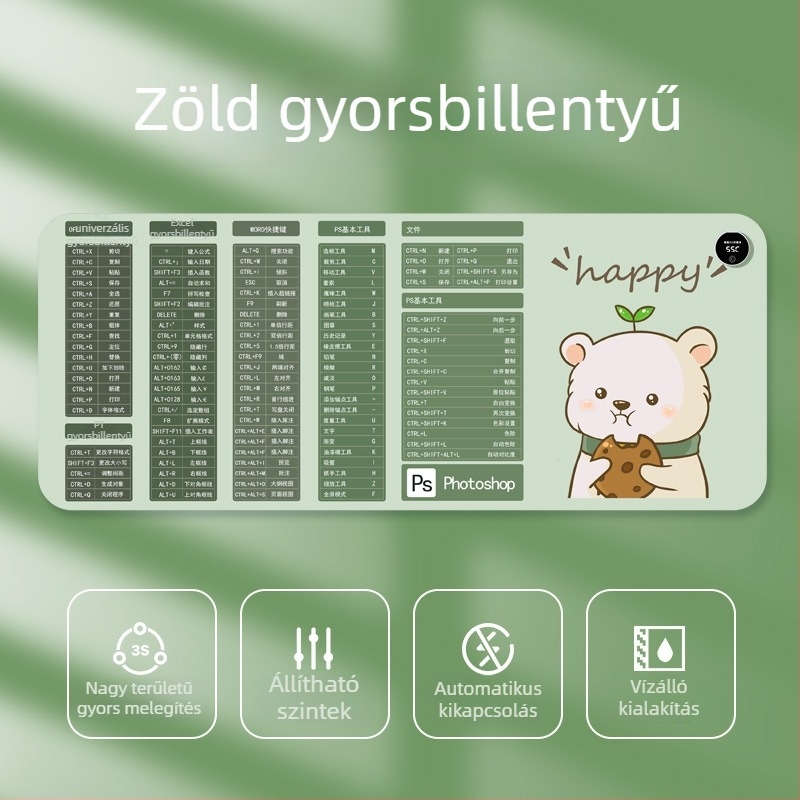 Nagy méretű fűtött egérpad iroda asztalhoz, cartoon stílus, állítható hőmérséklet, alumínium hőelvezetés, bőrhatású felület