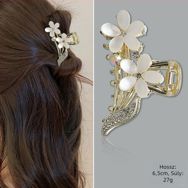 Női hajcsat ötvözetből Cat's Eye kristályos, pillangó‑virág mintájú, grip típusú csipesz, elektroplattázott felület, testreszabható