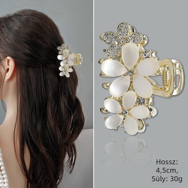 Női hajcsat ötvözetből Cat's Eye kristályos, pillangó‑virág mintájú, grip típusú csipesz, elektroplattázott felület, testreszabható