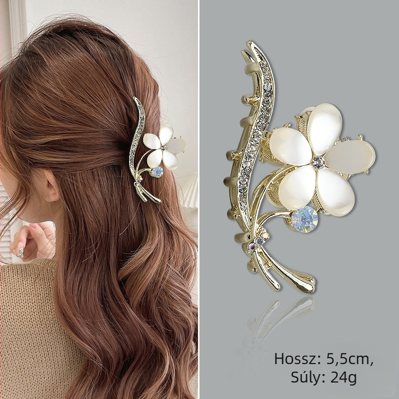 Női hajcsat ötvözetből Cat's Eye kristályos, pillangó‑virág mintájú, grip típusú csipesz, elektroplattázott felület, testreszabható