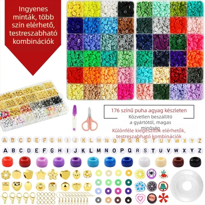 Polimer agyag lapkészlet 24 és 28 rekeszessel, akril betűgyöngyök, barokk stílusú kerek gyöngyök