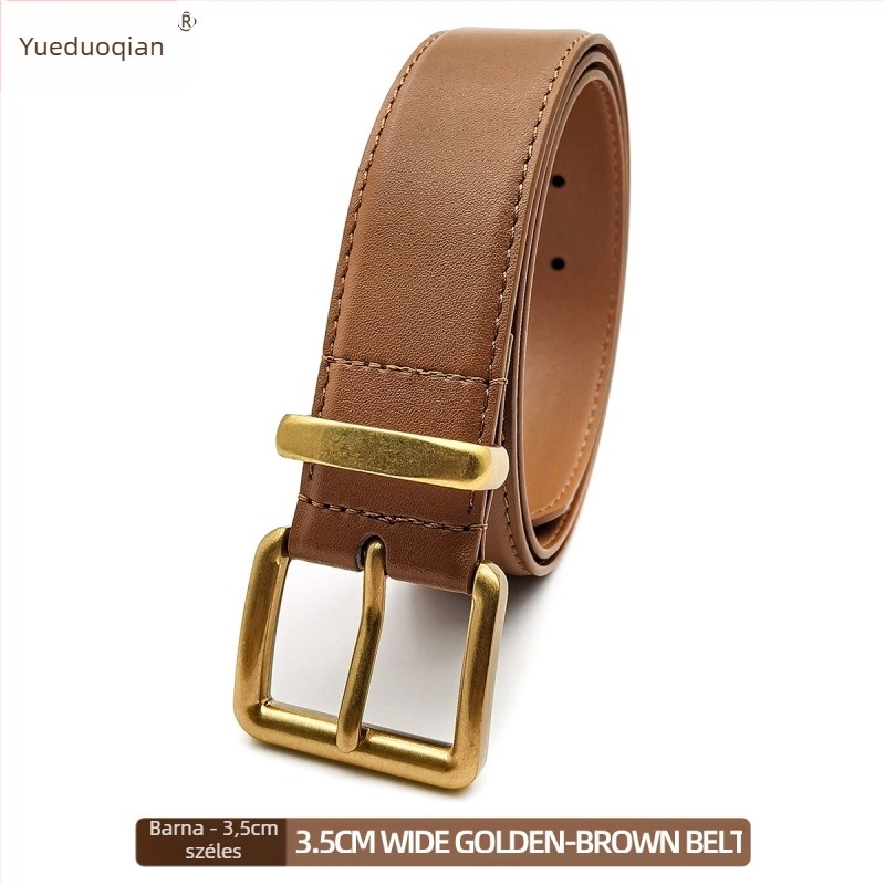 Női öv műbőrből, tűs csattal, szélesség 2–4 cm, csat anyaga: cink ötvözet, feldolgozás: lyukasztás, domborítás, galvanizálás, gyémánt motívumok.