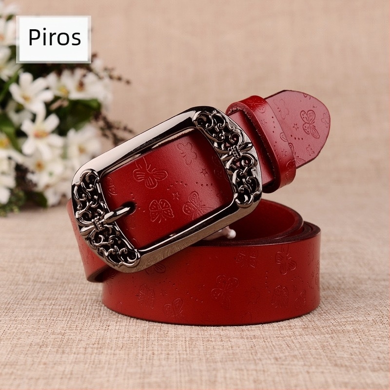 Valódi bőrből készült női öv csapos csattal (ötvözet), 2–4 cm szélesség, retro irodalmi-művészi stílus