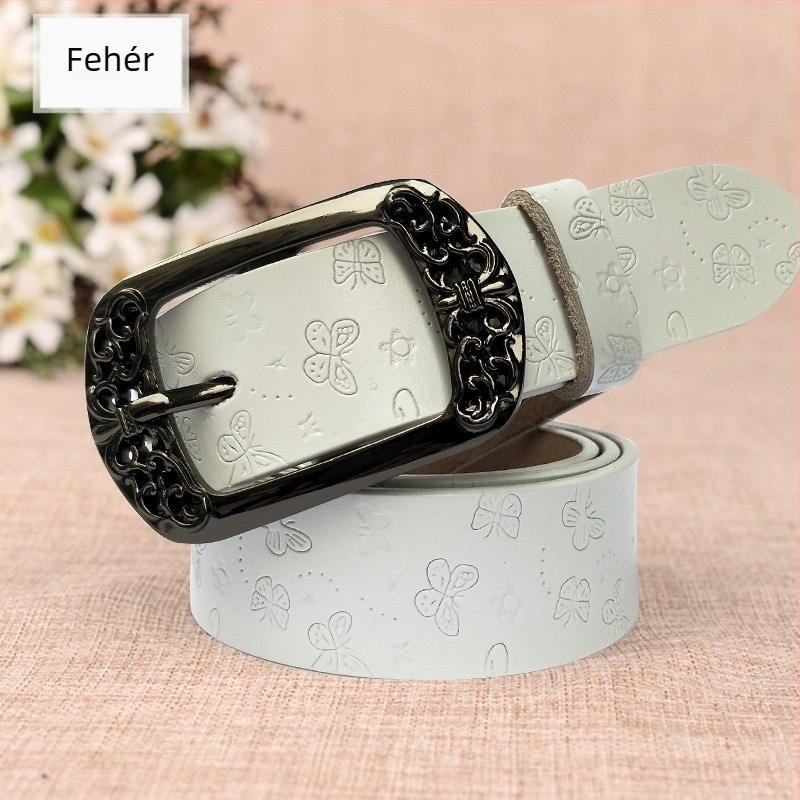 Valódi bőrből készült női öv csapos csattal (ötvözet), 2–4 cm szélesség, retro irodalmi-művészi stílus