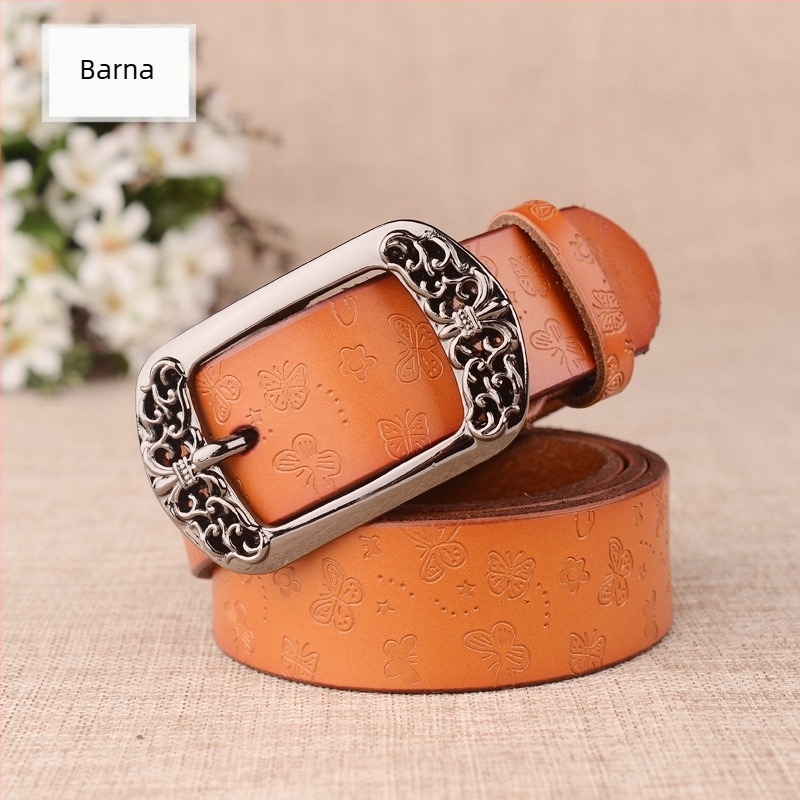 Valódi bőrből készült női öv csapos csattal (ötvözet), 2–4 cm szélesség, retro irodalmi-művészi stílus