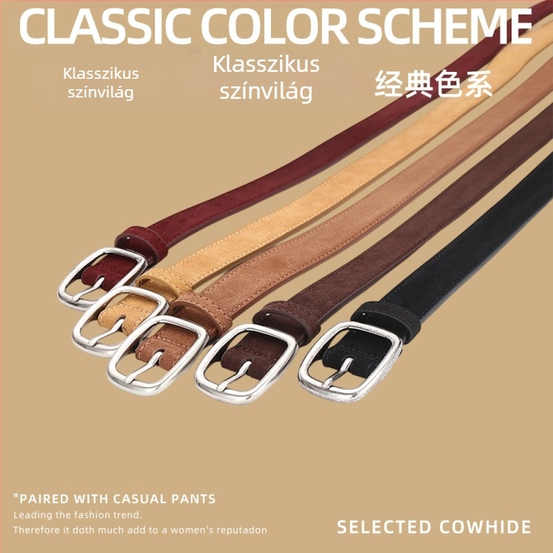 Split bőrből készült öv, cink ötvözetű tűcsattal, 2-4 cm szélesség, sokoldalú, egyszerű, könnyed luxus stílus