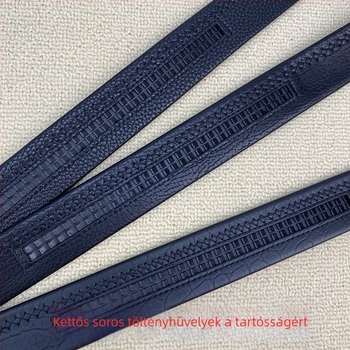 Férfi öv automata csattal, karcolásálló mikroszálas szalag felső bőrszövet mintázattal; Anyag: műbőr; Csatt anyaga: ötvözet; Záró mód: automata csatt; Szélesség: 2-4 cm