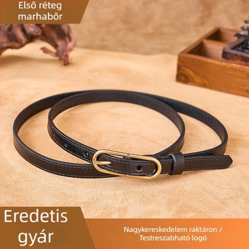 Cassia női vékony első réteg marhabőrből készült öv csapos csattal, ruhák és szoknyákhoz — vintage, irodalmi retro stílus, szélesség <2 cm, ötvözet csattal, növényi bőr-tan