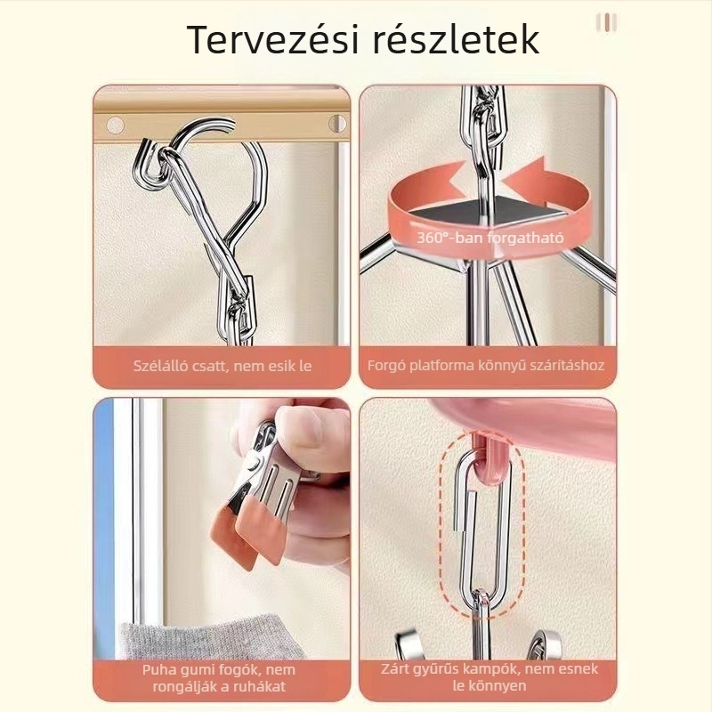 Kerek rozsdamentes acél zokniszárító állvány 24 csipesszel, összecsukható, otthoni használatra