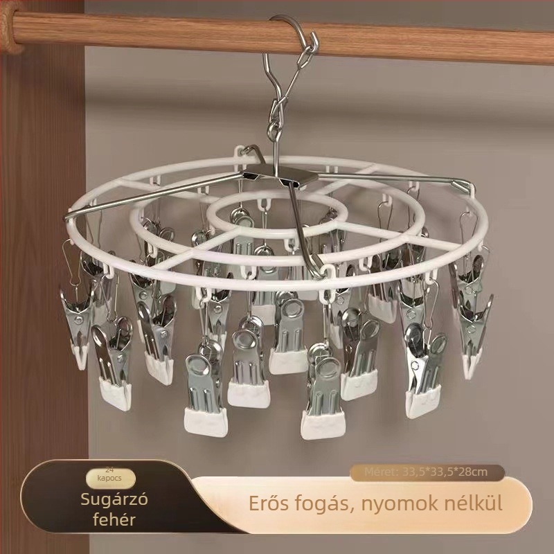 Kerek rozsdamentes acél zokniszárító állvány 24 csipesszel, összecsukható, otthoni használatra