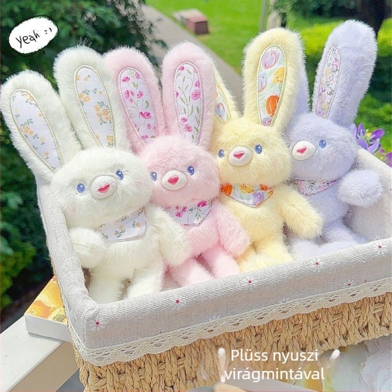 Aranyos virágos plüss nyuszi kulcstartóval, húzható fülekkel, táskadísz, ajándék lányoknak