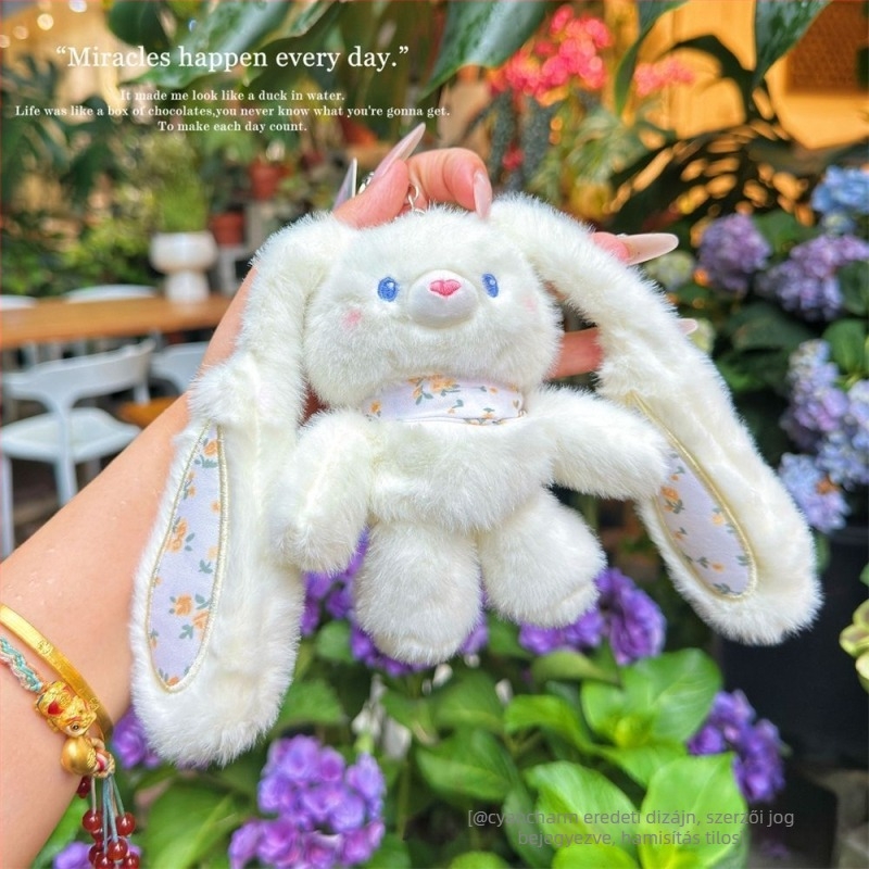 Aranyos virágos plüss nyuszi kulcstartóval, húzható fülekkel, táskadísz, ajándék lányoknak