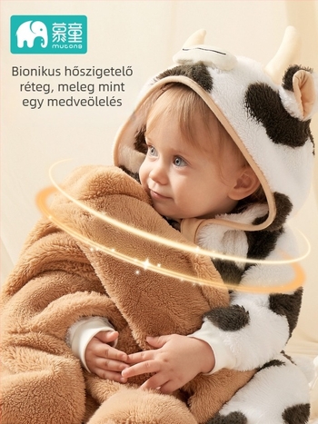 Baba overál vastag korall plüss, kapucnival, cipzárral, hosszú ujjú, újszülöttek 0–1 év