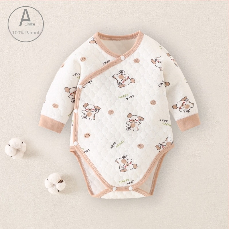 Csecsemő rugdalózó téli pamutból, hosszú ujjú, kapucni nélküli, elől gombos zárás