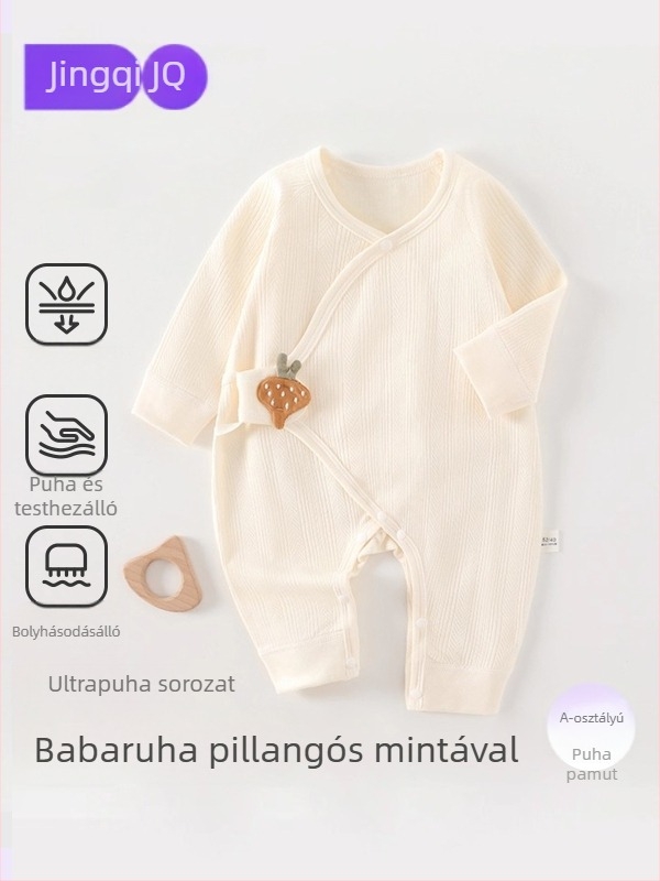 Újszülött, 100% pamut jacquard pillangó mintás body, oldalsó záródással, hosszú ujjak, uniszex, kapucni nélküli, tavasz–ősz– télre.