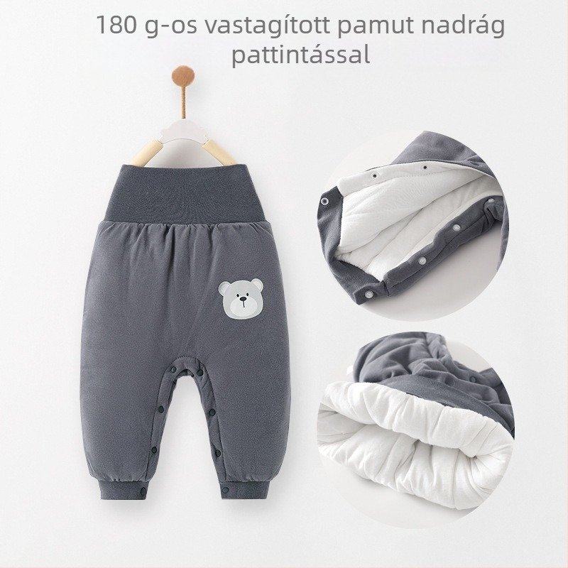 Gyerekeknek készült magas derekú 100% pamut nadrág, téli, mesefigurás mintával, 1–3 éveseknek.