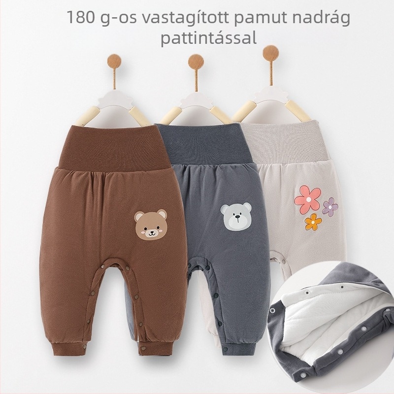 Gyerekeknek készült magas derekú 100% pamut nadrág, téli, mesefigurás mintával, 1–3 éveseknek.