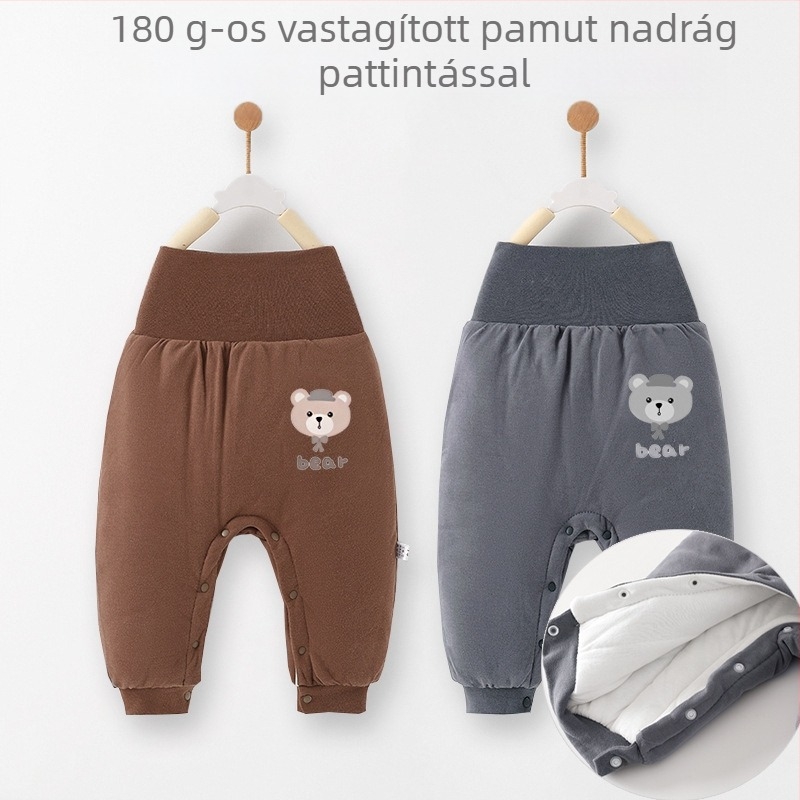 Gyerekeknek készült magas derekú 100% pamut nadrág, téli, mesefigurás mintával, 1–3 éveseknek.