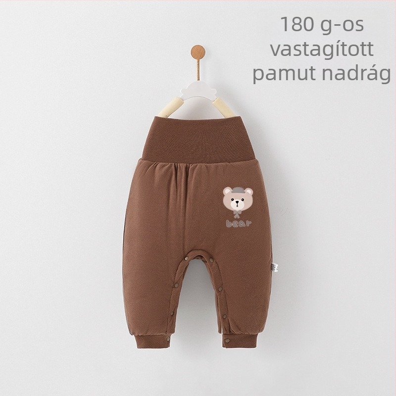 Gyerekeknek készült magas derekú 100% pamut nadrág, téli, mesefigurás mintával, 1–3 éveseknek.
