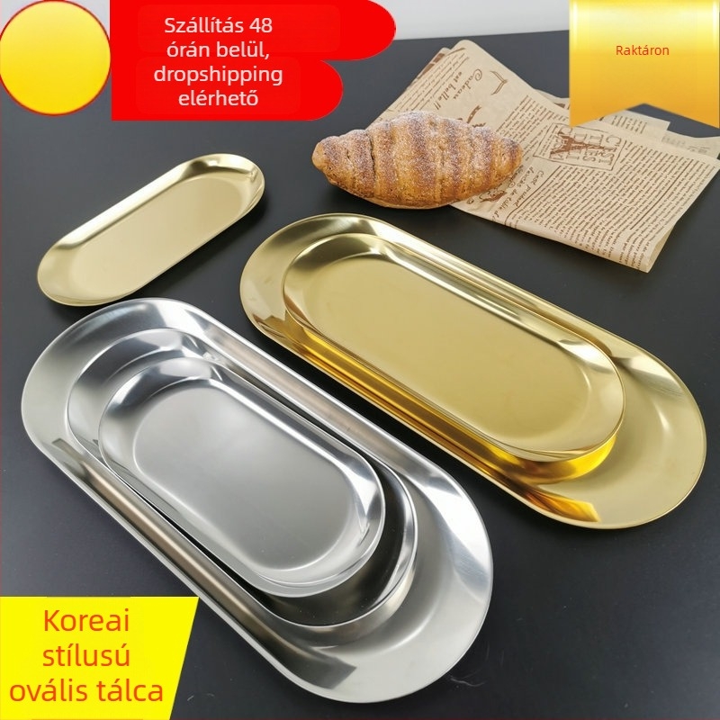 Bemile rozsdamentes acél ovális tálca étkészlet és ékszertároló számára, egységes színű, polírozott felület, modern egyszerű stílus, mikrohullámú sütőben használható, logó nyomtatás és testreszabás elérhető