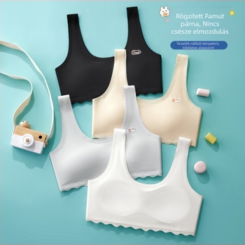 Sima varrás nélküli melltartó, fix kosárral, mellény-stílusú; 10–18 éves lányoknak; főanyag nylon 90–95%, bélés nylon; kosár teljes, vékony formázott kosár pamut béleléssel; vállpántok rögzítettek, kettős; lélegző és kényelmes