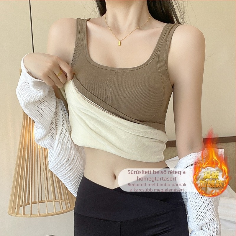 Fleece-lével bélelt termikus mellény nylon anyagból, U-nyakú, dupla réteg, beépített melltartó párnák.