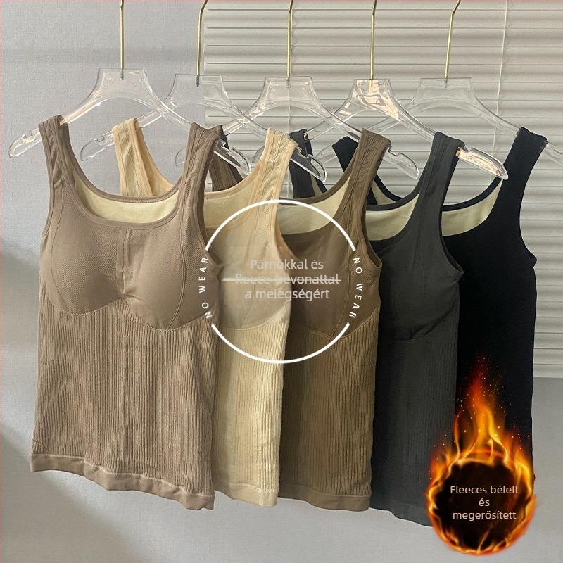 Fleece-lével bélelt termikus mellény nylon anyagból, U-nyakú, dupla réteg, beépített melltartó párnák.