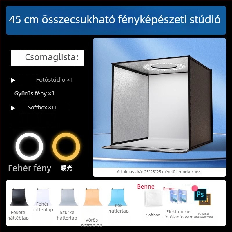 Kompakt stúdió fotó LED-fénydoboz háttérdobozzal, árnyékmentes világítással, still life és ékszerek fotózásához