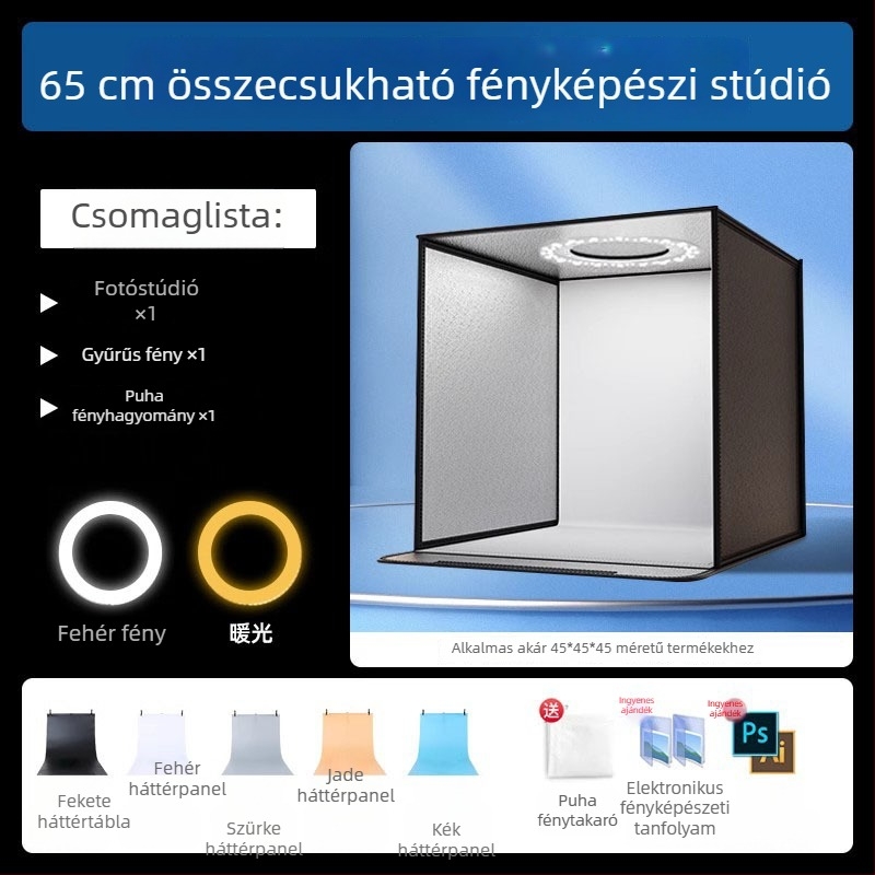 Kompakt stúdió fotó LED-fénydoboz háttérdobozzal, árnyékmentes világítással, still life és ékszerek fotózásához