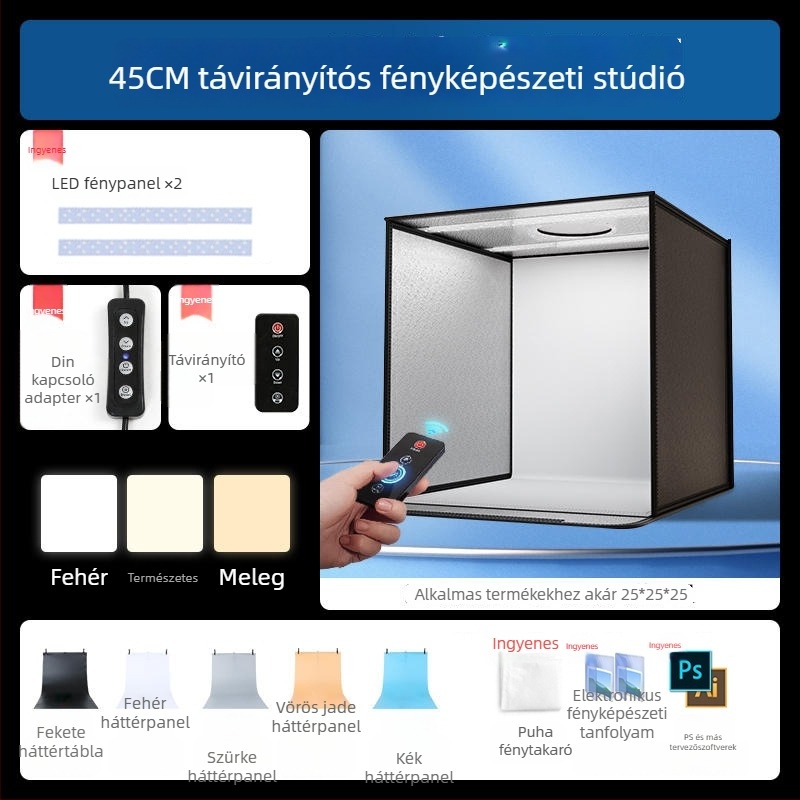 Kompakt stúdió fotó LED-fénydoboz háttérdobozzal, árnyékmentes világítással, still life és ékszerek fotózásához