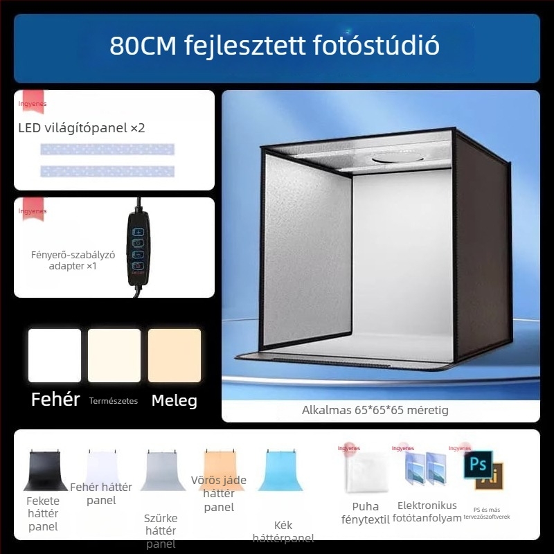 Kompakt stúdió fotó LED-fénydoboz háttérdobozzal, árnyékmentes világítással, still life és ékszerek fotózásához